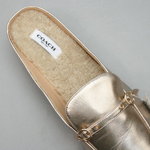 Coach Ladies 11 B Irene Mules Metallic Gold Leather Slides Flats Shearling Shoes - Picture 6 of 12